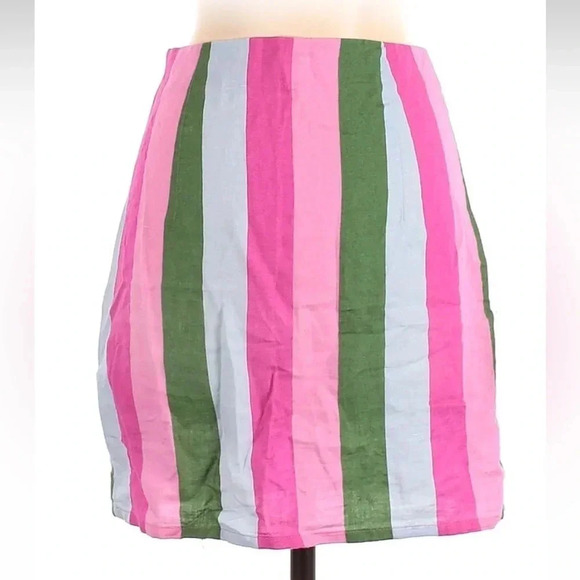 Zara Pink Green White Striped Linen Cotton Blend Zipper Mini Skirt Size XS - Picture 3 of 8